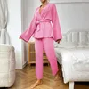 ملابس النوم للسيدات الخريف المرأة v-neck kimono cardigan mini dress cotton blanen long sashes dresses robe style up up with pants 2
