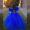 Flickaklänningar plus storlek 0-16y Royal Blue Tulle Flowle Dress Pärlor Födelsedag Baby Wedding Party Gowns First Comunion Customs