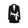 Damespakken Lente Herfst Mode Sexy Backless Roze Strik Patchwork Zwarte Blazer Jas Vrouwen Vintage Casual Lange Mouw Slanke Vrouwelijke