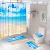 Rideaux de douche Ensembles de rideaux de plage d'été Bleu Mer Océan Vagues Soleil Salle de bain Tapis antidérapant Tapis de bain Tapis en forme de U Couvercle de couvercle de toilette