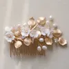 Hair Clips Copper Leaf Bridal Comb Pin Freshwater Pearls Women Jewelry Gold Color Wedding Piece