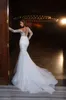 Preciosos vestidos de novia de sirena blanca, manga larga, apliques de encaje, vestidos de novia con lentejuelas de cristal, batas de tren de barrido de mariee