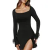 Casual Dresses Women Square Neck Bodice Dress Drawstring Ruched Long Sleeve For Lady Cocktail Elegant Ruffles Side Slit Cocktails