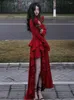 Vestidos casuais outono vermelho vintage elegante vestido mulheres flare manga designer doce longo feminino babados retro princesa irregular 2023