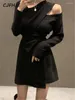 Maglioni da donna CJFHJE Irregolare Sexy con spalle scoperte Croce Pullover lavorato a maglia nero Donna Grigio caldo Lady Inverno Primavera Maglione da donna Top