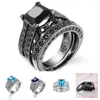 Cluster Rings Couple White Gold Plated Princess Cut Blue Sapphire Cubic Zirconia Engagement Wedding Ring Set