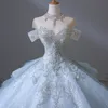 Dubaï arabe bleu robe de bal robe de mariée princesse cristal perlé grande taille chérie dos nu balayage train robes de mariée Bling luxe perles paillettes robes de mariée