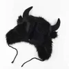 Fashion Black Horn Maomao Lei Feng Hat for Men and Women Winter Warm Ear Protection Wind Cold Riding Bull 230920