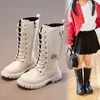 2023 Ботинки для девочек, длинные однотонные нескользящие универсальные корейские зимние детские модные ботинки для мальчиков с молнией сзади и круглым носком
