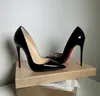 Talons hauts de marque de styliste pour femmes, bout pointu, fond rouge brillant, 8cm, 10cm, 12cm, noir, nu, ceinture brevetée, sac anti-poussière 34-44