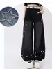 Calças de brim femininas mulheres bordado preto simples perna larga cintura alta calças largas y2k streetwear harajuku solto denim calças bf estilo gótico