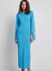 Casual Kleider Frauen Gestrickte Maxi Kleid Mode Blau Patchwork Elegante Oansatz Split Langarm Slim 2023 Dame Solide Party Club robe