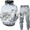 Herrspåriga Spring Spring och Autumn Hoodie Set 3D Tryckt skog Tiger Fashion Casual Sports Men Street Wear Pants Pants