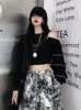 Women's Hoodies Techwear Goth Cropped Women Harajuku Off Shoulder Oversize Sweatshirts Black Zip Up Top Hip Hop Streetwear Punk
