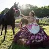 Raisin violet Mexique Charro Quinceanera robes hors épaule Satin Appliques broderie 3D princesse florale doux 15 robe de bal