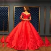 Red Satin Off Shoulder Evening Dresses 3D Flower Lace Beaded Glitter Eveving Dress With Long Sleeves Elegant Formal Shine Ball Gown