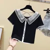 Kvinnors T-skjortor Crop Top Summer Cotton Doll Collar Randig Kort ärm T-shirt 2023 Korean Slim All-Match Casual Bluskläder