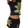 작업 드레스 여성 해변 2pcs 여름 의상 세트 꽃 프린트 깎아 지른 메쉬 짧은 슬리브 블랙 티셔츠 및 캐주얼 미니 A- 라인 슬릿 스커트