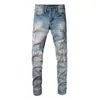 2023 Designer Mens Jeans Purple High Street Casual Print Jeans Byxor Oversize Ripped Patch Hole Denim Straight Streetwear Slim
