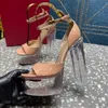 Damskie Clear Crystal Sandals Patent skórzany kwadratowy palec kasetowy Pasek na obcasie Czubki Blokowe Obcasy 155.5 cm Projektanci Buty wieczorne