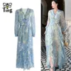 Casual Dresses Tingfly Luxury Button Decor Artistic Van Gogh Starry Målning Tryck Flödande långfest Dinner kvinnor Ruffles Vintage R297J