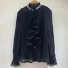 Women's Blouses Ladies Autumn Chic Ruffles Beading Pleated Chiffon Shirt Spring Womens Flare Long Sleeve Single-Breasted Black White Top
