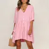 Casual Dresses Women's Button V-Neck Pocket Short Dress Fashion Solid Sleeve