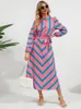 Casual Dresses Randig Holiday A-Line Dress Women Long Puff Sleeve Turn-Down Collar Belts Slim Midi Female Beach Autumn Colorful Robe