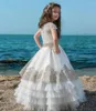 Vestidos da menina vestido de flor branca para casamento renda tule manga curta em camadas crianças vestidos de baile primeira comunhão beleza pageant