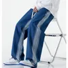 Herr jeans gradient färg skarvning rand vadderad vinter mode dragsko rak benbyxor