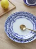Platos de cerámica de 8 pulgadas con rayas azules, platos esmaltados de 10 pulgadas, vajilla redonda, contenedor para carne, ensalada de frutas y pasta