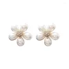 Stud Earrings Korean Sweet Bling Rhinestone Flower 2023 Gold Color Alloy Simulated Pearl Floral Statement For Women