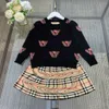 New Girls Dress suits baby autumn suit Size 110-150 Bear head patterned jacquard round neck sweater and plaid skirt Oct25