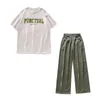 Dwuczęściowe spodnie damskie Ustaw biały okrągły szyję z krótkim rękawem T-shirt wojskowy zielone zielone dżinsy proste rurki premium ubranie