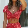 Vestidos de trabajo 2 piezas Camisa recortada para mujer Falda de cintura alta Manga corta abombada Cuello en V Ropa estampada con flores envueltas elásticas