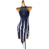 Stage Wear Navy Blue White Fringe Latin Competition Dress Rumba Cha Salsa S-XXXL 267