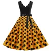 Abiti casual Stampa a pois Abito estivo da donna vintage Patchwork nero senza maniche con scollo a V Elegante abito da festa Midi