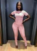 Calças femininas de duas peças Tracksuits Soild Outfits Mulheres 2 Conjuntos Manga Curta O Pescoço Tops Skinny Branco Rosa Leggings Combinando Ternos 2023