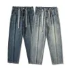 Jesień luźne dżinsy na szerokie nogi moda y k Streetwear American vintage myjnia elastyczna talia proste dżinsowe spodnie sznurka