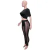 Calças femininas de duas peças Adogirl 2 conjuntos mulheres sexy outfits 2023 verão manga curta camiseta colheita top sheer malha leggings night club roupas