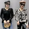 Women's T Shirts Winsleter Elegant Basic Clothing Tshirt Long Sleeve Tees Autumn Winter Women Sexy V Neck Floral Print Slim Mesh Tops