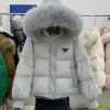 Prrra jaqueta feminina designer Parka Casaco moda solta espessada curta raposa gola de couro grande casaco de pato branco casaco com capuz ao ar livre