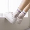 Chaussettes en maille respirante pour femmes, printemps et été, bouche à bulles fraîches, Simple, violet, tube central, rayures de fleurs de dessin animé