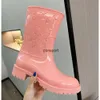 Designer de moda feminina meados de bezerro salto alto botas de chuva deslizamento à prova dwaterproof água baixo tamanho sólido salto robusto design fivelas sapatos