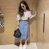 Clothing Sets Teen Girls Denim Skirts Clothes Set Summer Shouldless White Shirt Fashion Outfits For Size 8 10 12 13 14 Girl