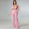 Calças femininas de duas peças wuhe sólido plissado três conjunto primavera sexy rendas até sutiã manga longa camisa cardigan top cintura alta perna larga mulheres ternos