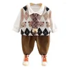 Conjuntos de roupas bonito urso bebê meninos meninas 3 pçs terno xadrez colete camisa calça/saia conjunto roupas outono para 0-5 anos de idade crianças