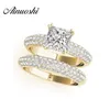 Ainuoshi 925 Sterling Silver Yellow Gold Color 4 Prongs Bridal Ring Set 1 5CT Princess Cut Wedding Silver Sona Ring Set Jewelry Y244R