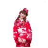 Roupas étnicas Mulheres Japonesas Tradicionais Quimono Vermelho Cor Floral Estampas Manga Longa Formal Yukata Pogal Vestido Cosplay Traje