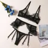 2023 new embroidery perspective flanged edge with steel ring sexy underwear three-piece set lingerie importada da china